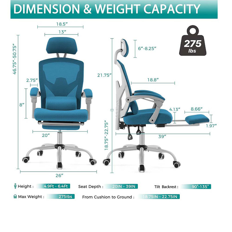 Home Game Chairs With Footrest, High-Back Mesh Rolling Swivel Reclining Chairs With Wheels, Comfortable Headrest, Lumbar Support, Comfy Arms For Home, Game Chairs, Student, Blue
