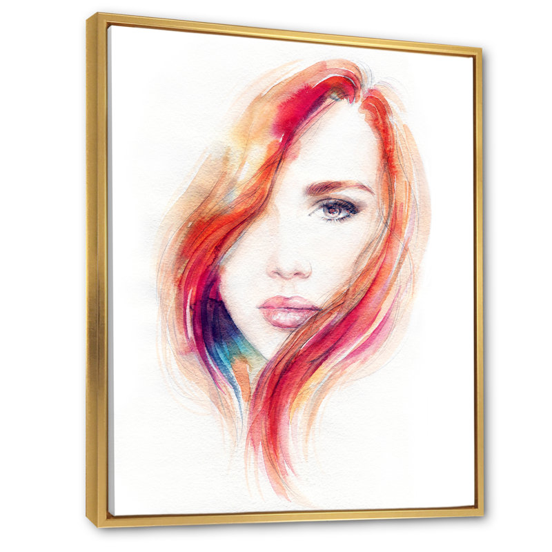 Portrait de femme modèle orange - œuvre d'art sur toile Glam, H 36 po x l 24 po, Toile avec cadre flottant or