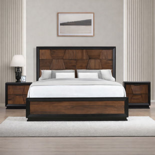 Aurelio Sculpted Walnut & Ebony Geo-Panel Bed with Nightstand