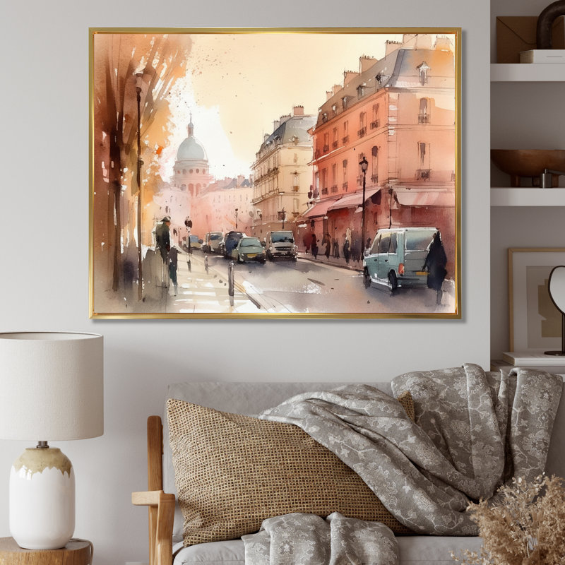 Aquarelle de Paris, France III - impression, H 30 po x l 40 po x P 1,5 po, Cadre flottant doré