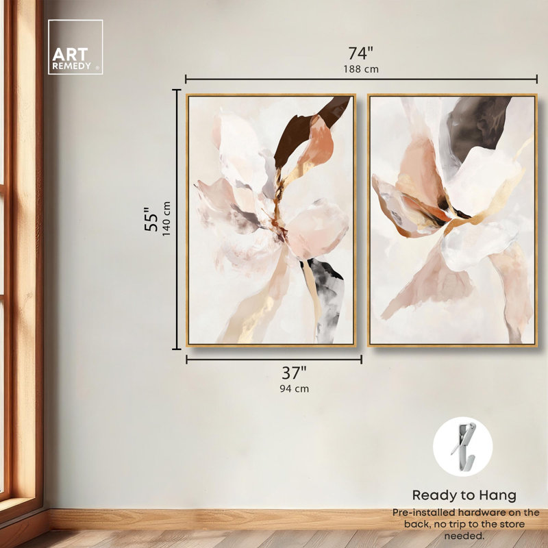 Moonscape Duo Canvas Print Abstract Boho Art Set by Art Remedy, Black Frame, 10 x 15, 55" H x 37" W, Gold Frame