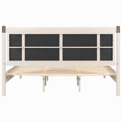 Solid Wood King Bed, Upholstered Headboard With Metal Handles