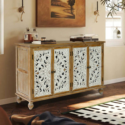 Armoire décorative avec 4 portes, buffet de ferme avec rangement, armoire de rangement moderne avec portes florales sculptées en bois pour le salon, la salle à manger, l'entrée, le couloir, la cuisine