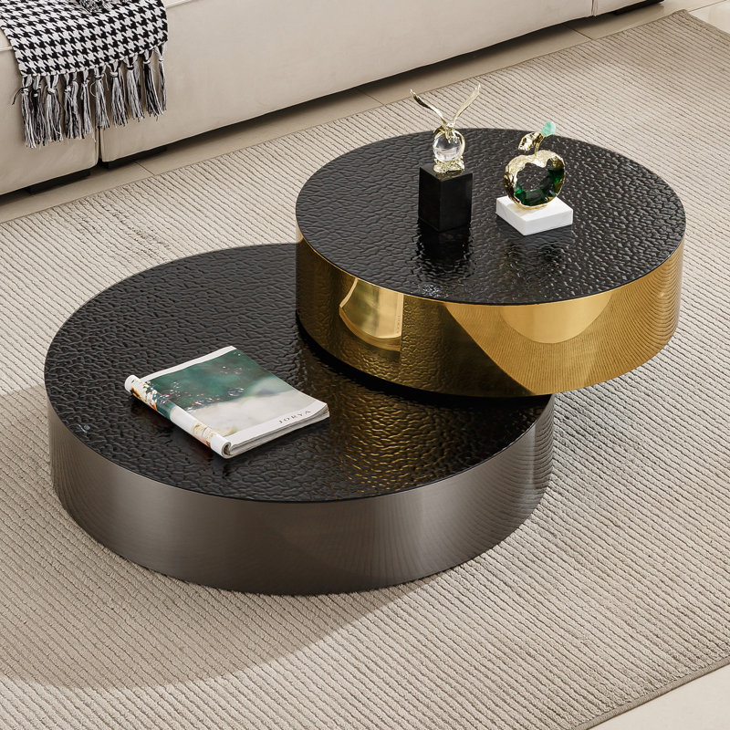 Table basse 35,4 po avec plateau rotatif à deux niveaux, verre fumé et métal deux tons (ronde moderne)
