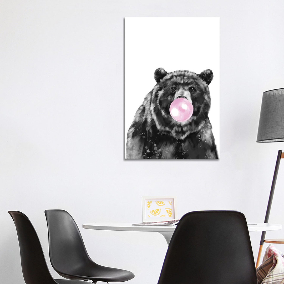 Big Bear Blowing Bubble Gum in Black and White by Big Nose Work - Wrapped Canvas Graphic Art