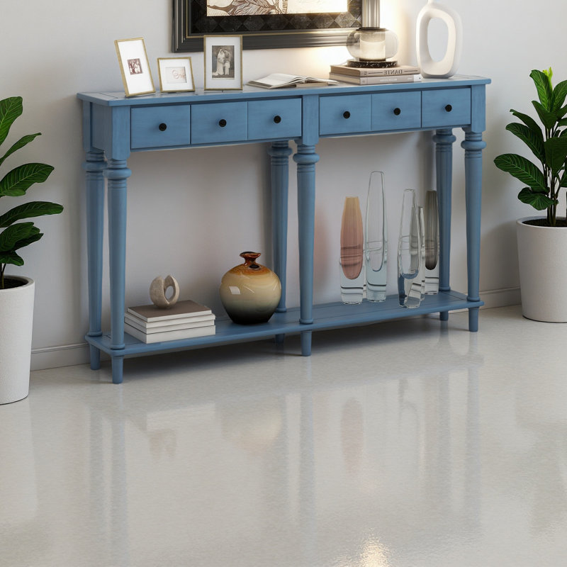 TREXM Entryway Table With 4 Drawers, Retro Console Table With Open Shelf For Entryways, Living Rooms, And Hallways, Navy