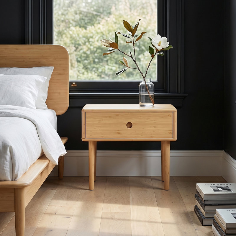 Mid-Century Modern Solid Wood Anna Nightstand, Beige