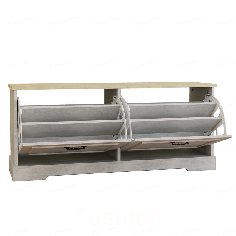 Banc de rangement pour chaussures avec 2 tiroirs rabattables et tablette réglable pour le vestibule, le couloir et la chambre - blanc antique