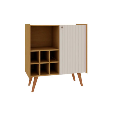 Buffet Sideboard with Wine Rack and Wooden Legs – Walnut and White Engineered Wood Cabinet with 6-Bottle Holder, Door and Open Shelf – Dining Room or Bar Furniture