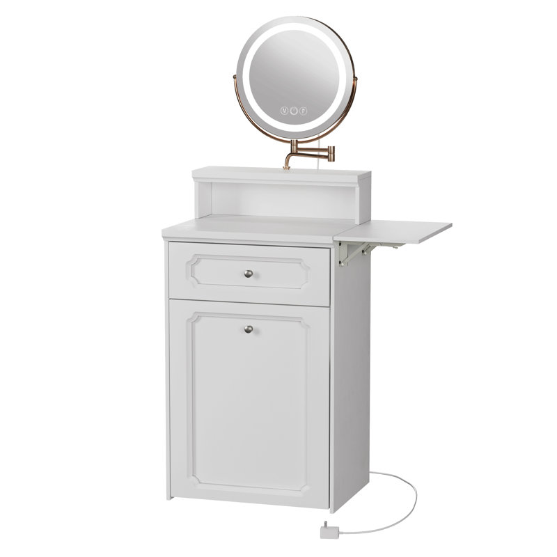 Bureau de coiffeuse blanc avec miroir rond et lumières, table de chevet 2 en 1, coiffeuse avec fauteuil