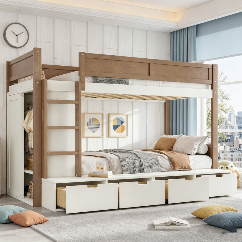 Lit superposé simple au-dessus de simple, lit superposé avec rangement multifonctionnel avec garde-robe, garde-corps et 4 tiroirs, lit superposé en bois, aucun sommier requis, cadre de lit en bois massif, lit superposé robuste pour chambre à coucher et chambre d'amis