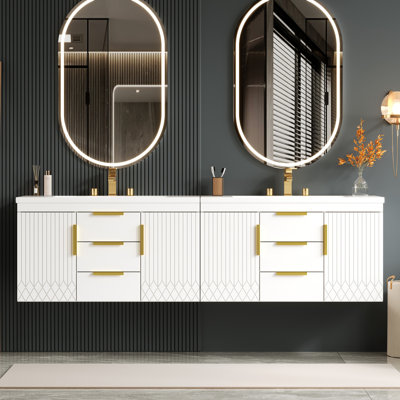Meuble-lavabo mural 72 po, armoire de rangement flottante avec tiroirs, armoire de salle de bain en bois massif 72 po