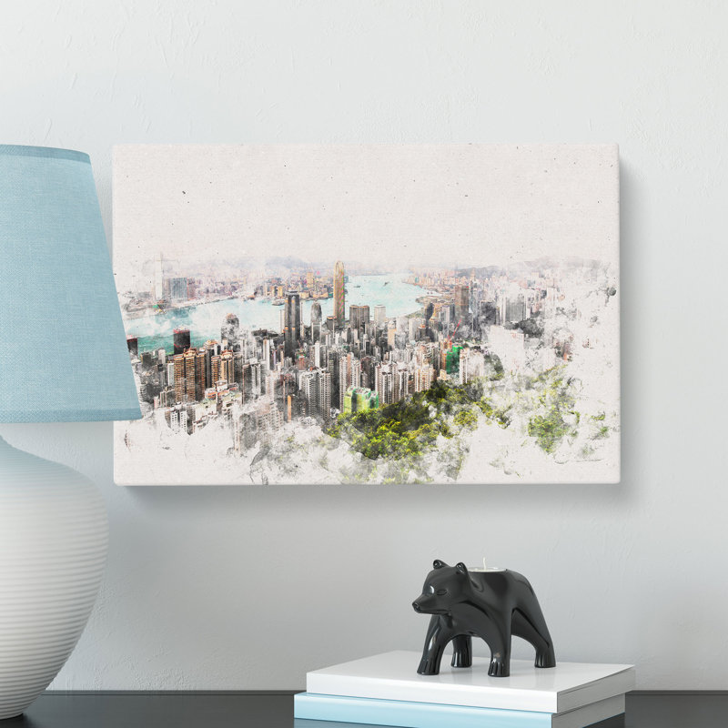 Hong Kong Skyline Watercolour - Wrapped Canvas, 60cm H x 91cm W x 3cm D