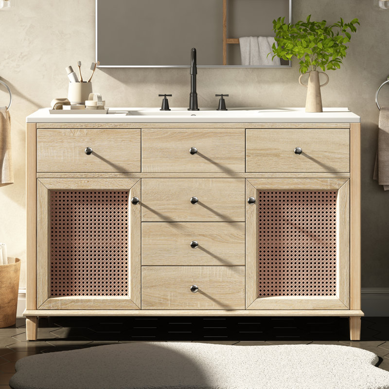 Caspian Modern Coastal Solid Wood Rattan Bathroom Vanity with 5 Drawers & Ceramic Sink