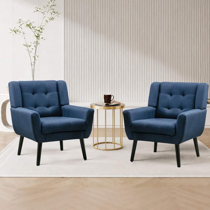 Tufted Upholstered Wide Back Armchair（Set of 2）, Navy Linen