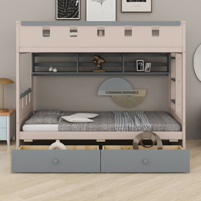 Castle Style Bunk Bed with 2 Under-Bed Drawers,  Shelf and LED