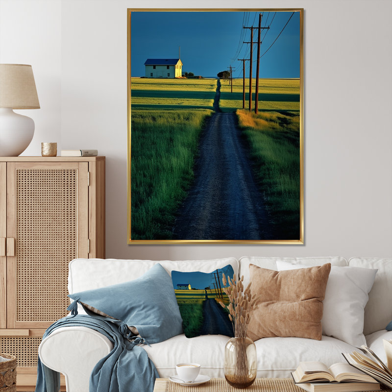 «Countryside Power Lines Minimalisme Scenery», art mural sur toile, Cadre flottant doré, H 32 po x l 16 po x P 1 po