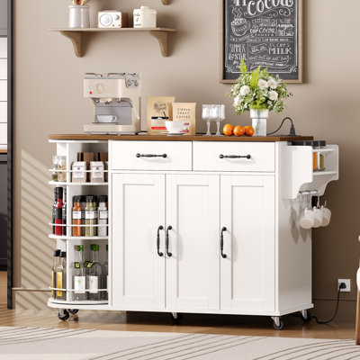 47.2" Kitchen Island with Power Outlet & Drop Leaf, Rolling Kitchen Cart with Rotating Organizer