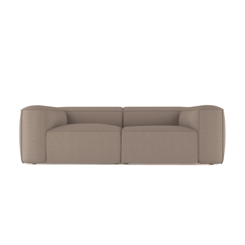 Varick Leather Sofa, Dark Brown, Box Weave Linen Pumice