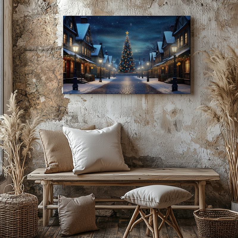 Toile, "Un charmant village d'hiver illuminé par une nuit étoilée", art mural avec un grand arbre de Noël décoré sur toile