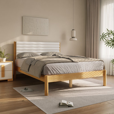 Grand lit plateforme moderne avec tête de lit tapissier et structure en bois d'hévéa naturel