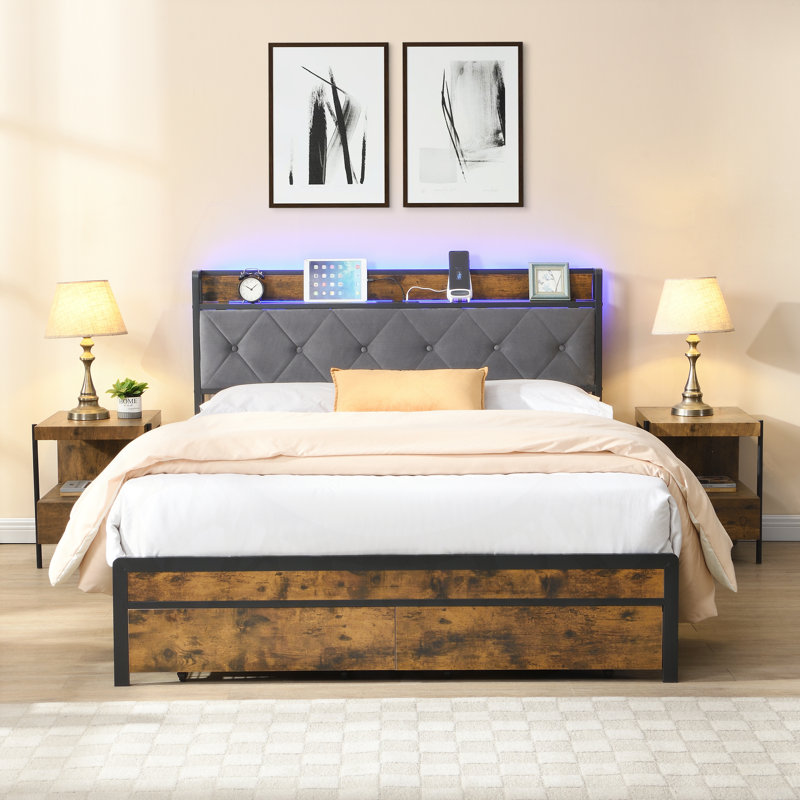 Bed Frame with Storage and LED Lights, Enhancing Bedroom Comfort and Functionality, Queen