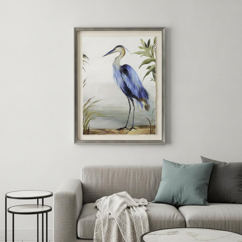 «Blue Heron», art encadré argenté, art mural