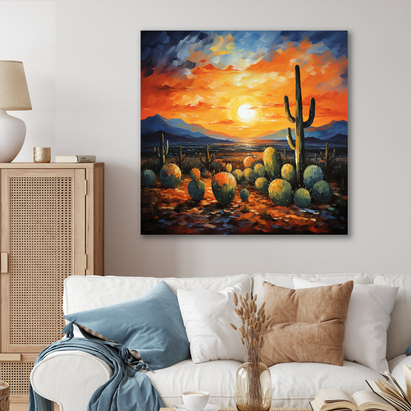 Cactus coucher de soleil, désert, rêves au Mexique I - désert, art mural encadré, Toile tendue, 36" H x 36" W