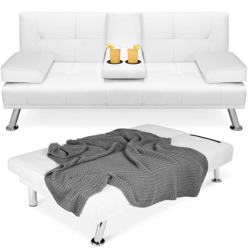 Owlex Modern Convertible Futon Sofa w/ Removable Armrests, 2 Cupholders, White Faux Leather
