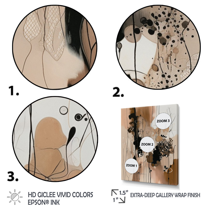 Liberté artistique brune et noire I - impressions sur toile abstraites, L 12 po x H 20 po, Cadre flottant doré