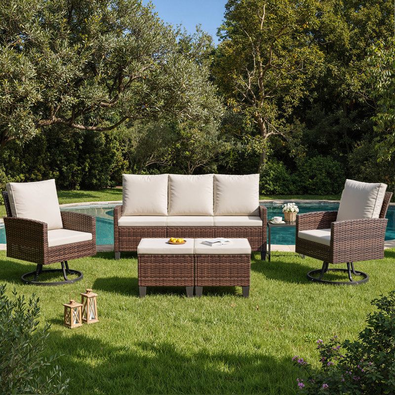 Ensemble de conversation modulaire en résine tressée 7 pièces pour patio avec chaises pivotantes à 360°, Crème, Brown