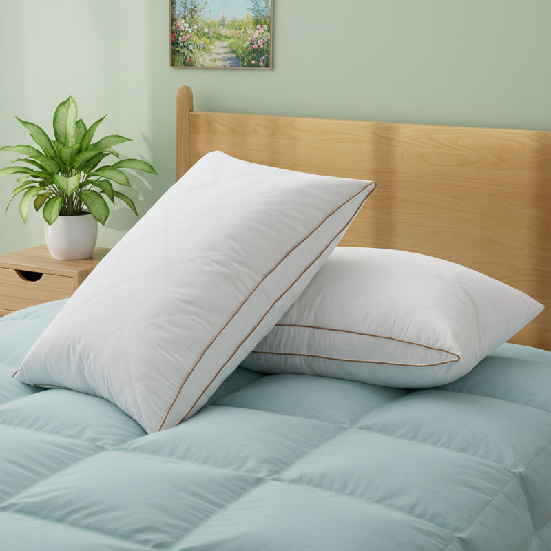 Set of 2 Oval-shape Gusset Feather Medium to Firm Bed Pillows Breathable Cotton Shell, Standard Size, Standard