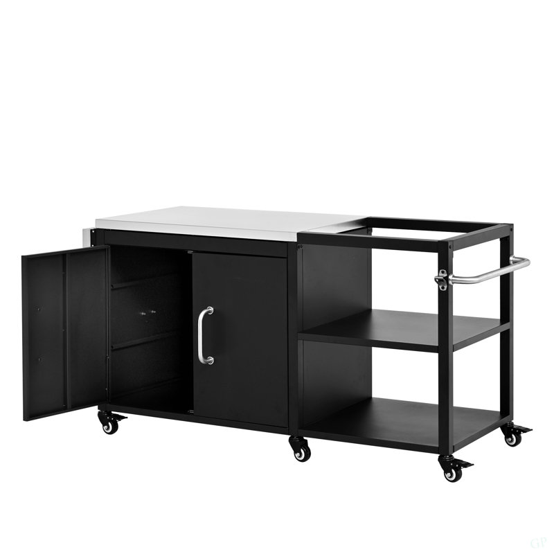 76.6" Outdoor Large Grill Cart With Storage Cabinet, Outdoor Kitchen Island With Steel Drop Leaf For Large Big Green Egg, Outdoor Grill Table With Adjustable Shelf & Hooks & Bottle Opener For BBQ