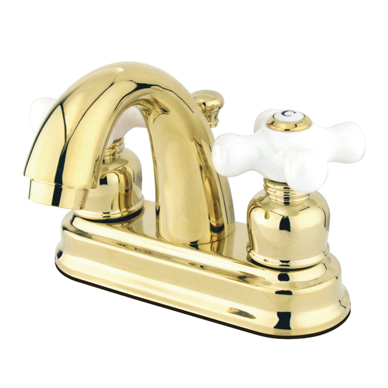 Kingston Brass Restoration Two-Handle 3-Hole Deck Mount 4" Centerset Bathroom Faucet with Plastic Pop-Up, Polished Brass