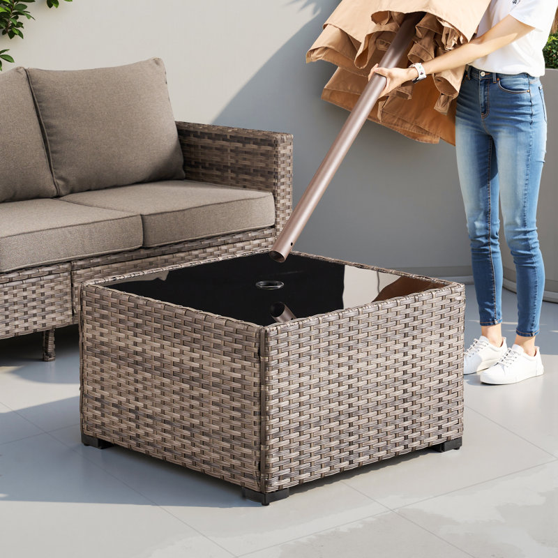 Emanuell Square Glass, Wicker / Rattan Outdoor Coffee Table With Umbrella Hole, Wenge 
