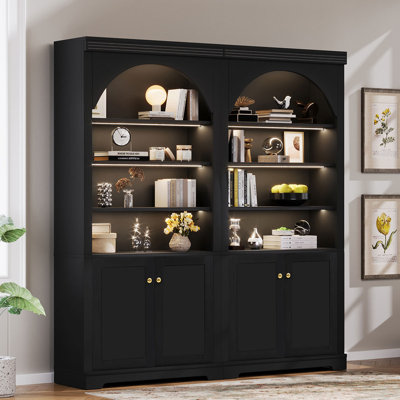 Bibliothèque moderne haute avec éclairage DEL à 4 niveaux, étagères ouvertes réglables et portes de rangement pour salon et bureau à domicile