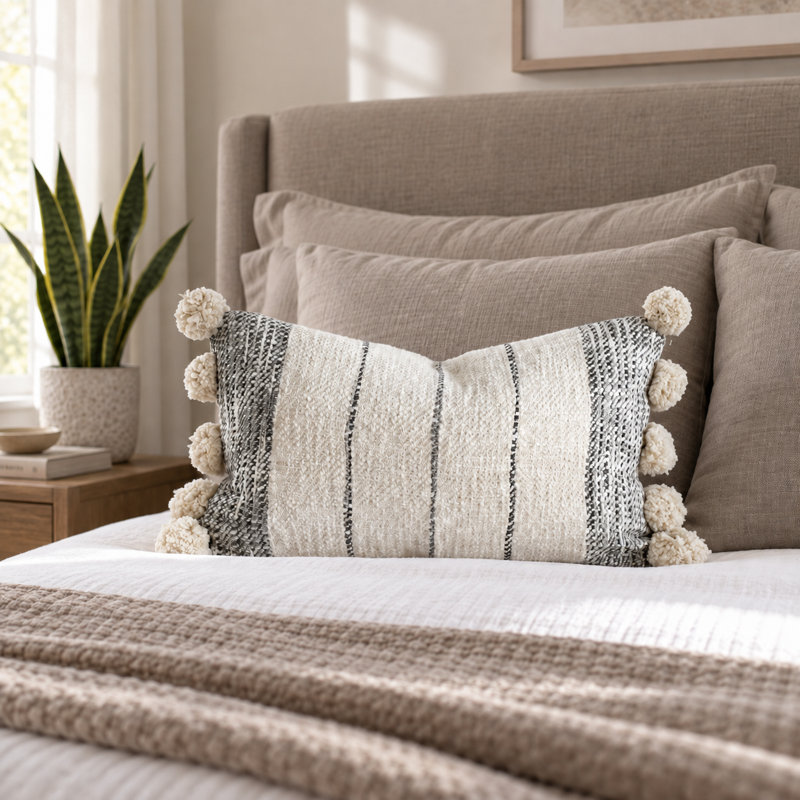 Boho Cotton Pom Pom Lumbar Pillow Cover Cream Gray 12 x 20