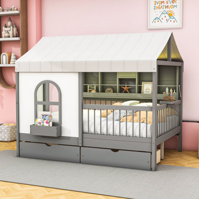 Full Size Wooden House-Shaped Bed With Charging Board, Shelf, Drawers And LED Strip