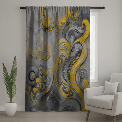 Yellow Gray Swirls Window Curtains, Ornamentation Sheer & Blockout Curtains - 1 Panel