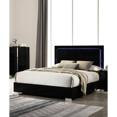 King Bed In Contemporary Style, Piano Black Colour, Led Lights On Headboard, Engineered Wood Frame Size With Finish, - Lit Metal And Construction