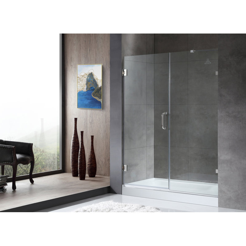 Porte de douche à charnière sans cadre avec garde-raz de marée L 60 po x H 72 po Makata, Chrome poli