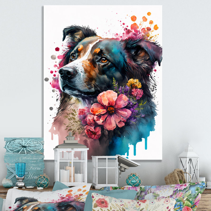 «Cute Dog Floral II», impression sur toile, H 20 po x l 12 po x P 1 po, Toile tendue