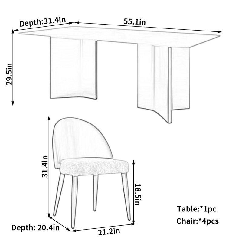 Modern Rectangular Sintered Stone Dining Table 4 - Person Double Pedestal Dining Set, 29.5"H x 55.1"L x 31.4"W