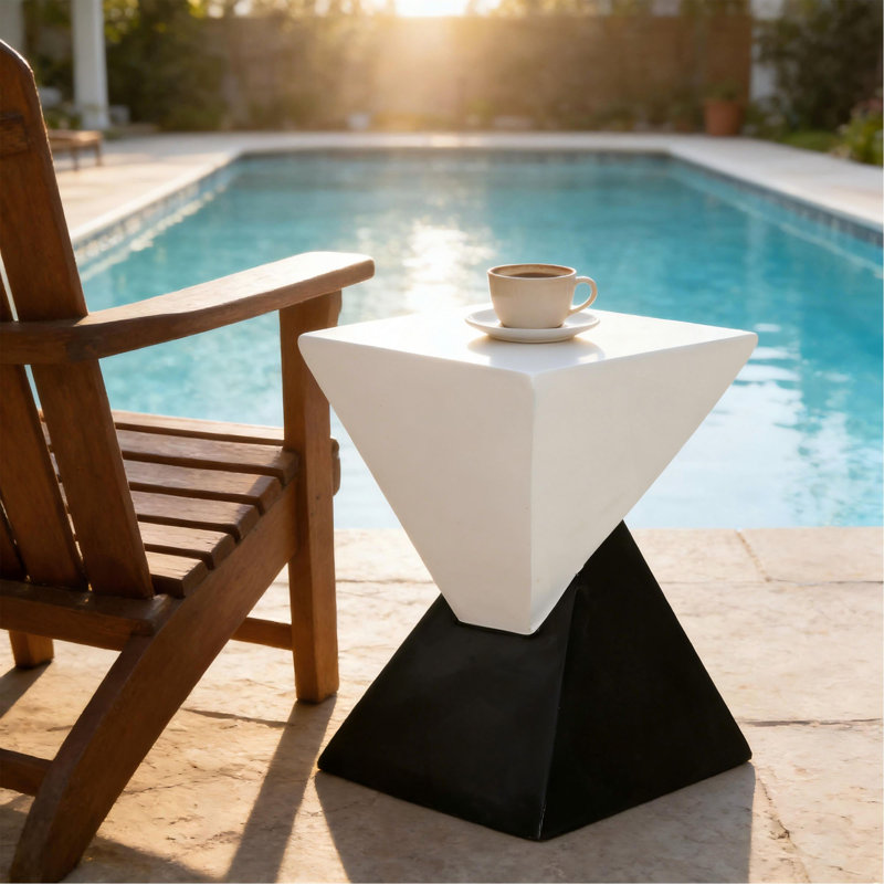 Modern Geometric MGO Side Table - Black & White Two Tone Indoor Outdoor End Table For Living Room, Patio, Garden, 18'' H X 12.5'' Base