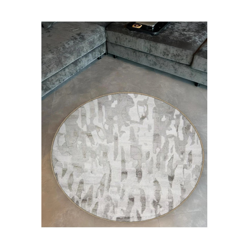 White Gray Abstract Pattern Detailed Woven Base Modern Decorative Carpet, Round 2'8"