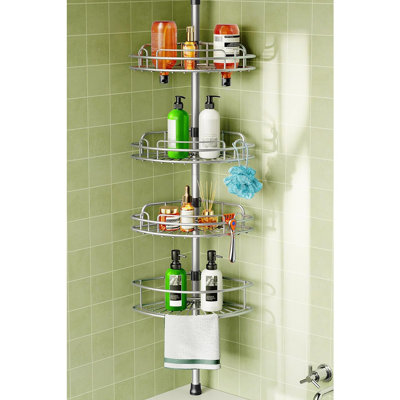 4-Tier Corner Shower Caddy Tension Pole, Rust-Resistant Adjustable Bathroom Organizer Shelves, No-Drill, Space-Saving, Silver Gray