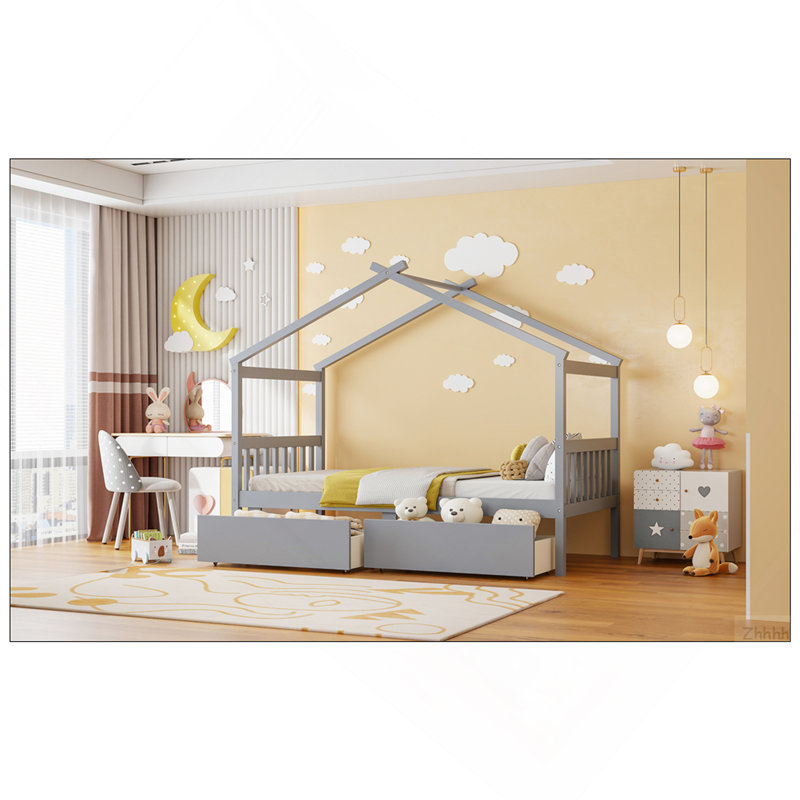 Lit simple en bois avec tiroirs, gris, Grey