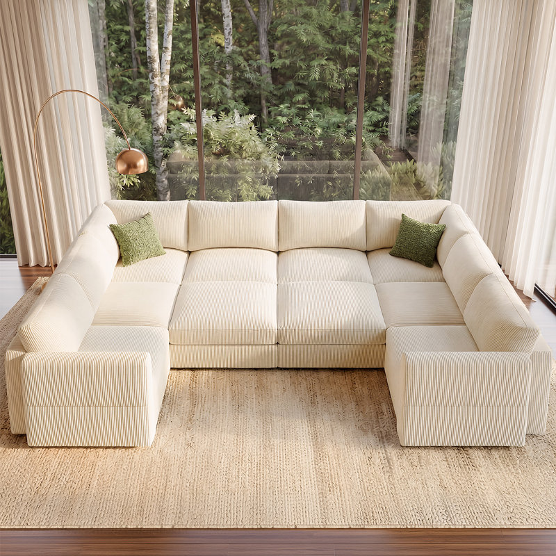 Abramson Beige U-shaped Corduroy Sectional Sofa With Adjustable Armrest And Storage, Beige Corduroy