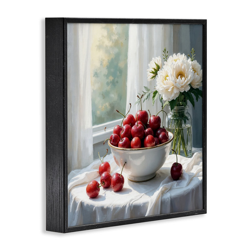 Giclée encadrée cerises et fleurs, H 17 po x l 17 po, Giclée encadrée noir minuit
