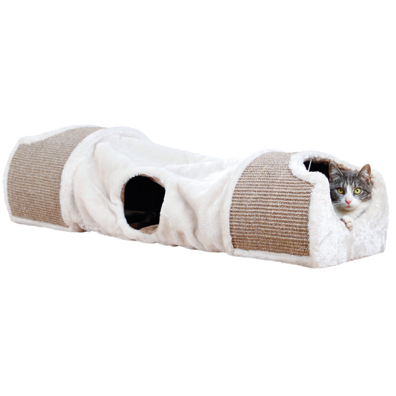 Cream and Brown Sisal Cat Tunnel with Plush Condos